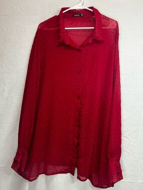 Boohoo Red Sheer Heart Print Button Down Blouse Size US 20 Plus Size